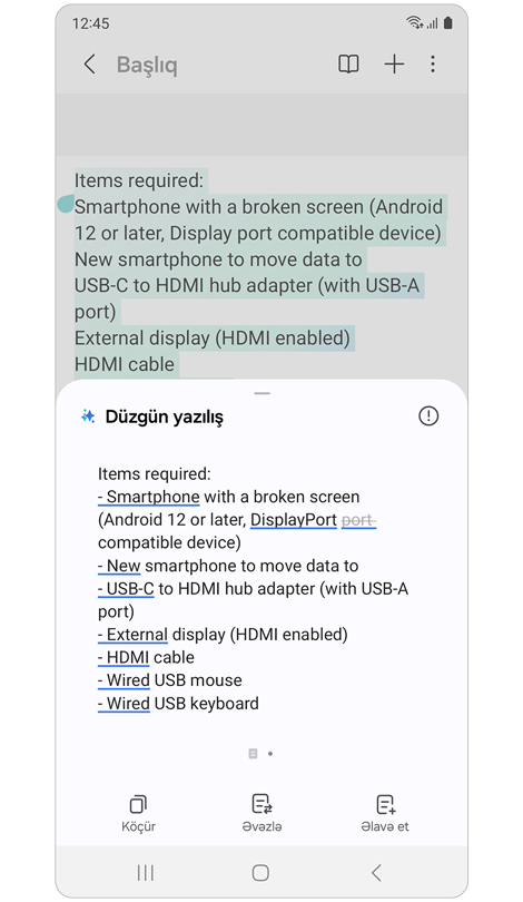 Düzəlişlərin edildiyi yerləri göstərən ani pəncərə