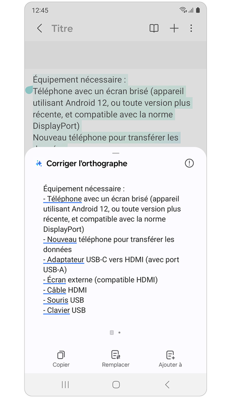 Une fenêtre contextuelle affiche les corrections effectuées