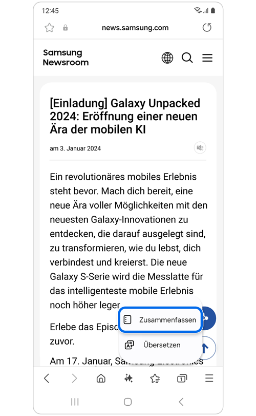 Samsung Nachrichtenartikel mit Optionen des Browser-Assistenten.