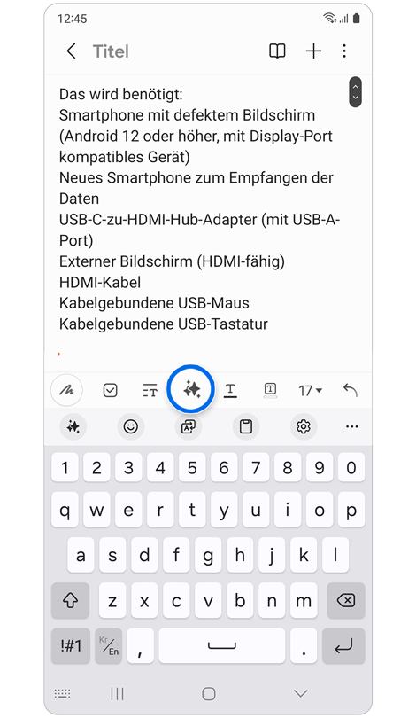 Getippte Notiz in der Samsung Notes App