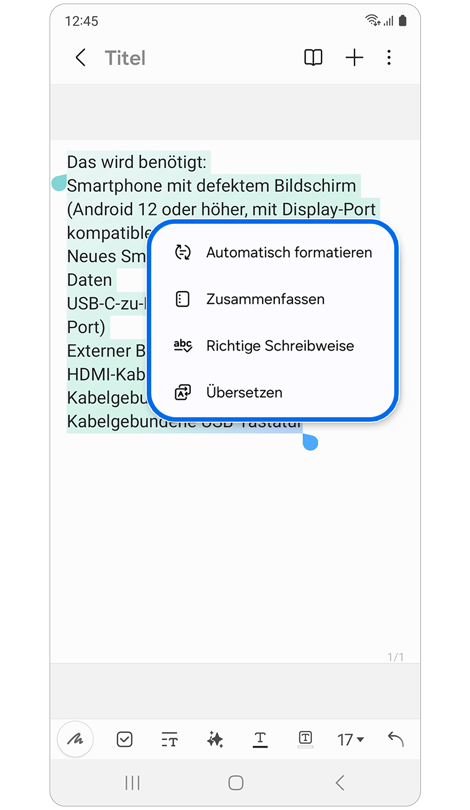 Popup-Fenster mit den Funktionen des Notizenassistenten