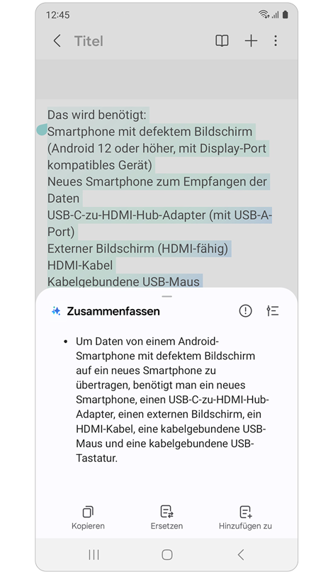 Ein Popup-Fenster mit einer Zusammenfassung der Notiz