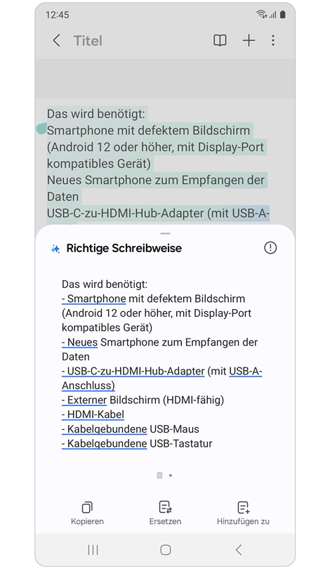 Popup-Fenster mit markierten Änderungen