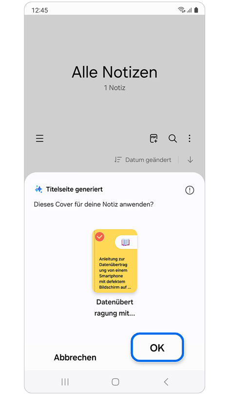 Ein Popup-Fenster fragt, ob das empfohlene Cover angewendet werden soll.