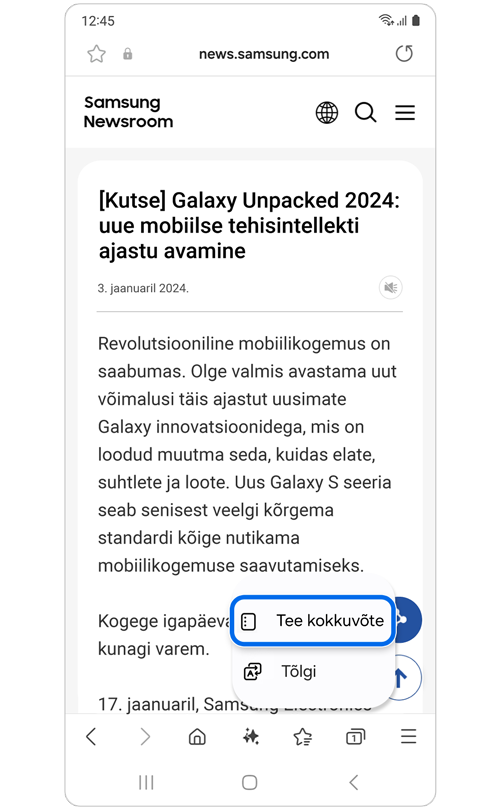 Samsungi uudiste artikkel Sirvimisabi võimalustega.