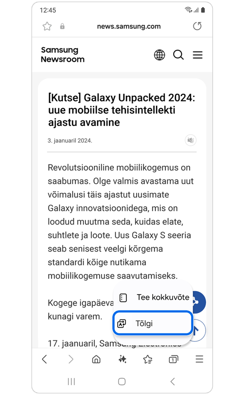 Hüpikaken, kus saab veebiartikli jaoks valida Tee kokkuvõte või Tõlgi