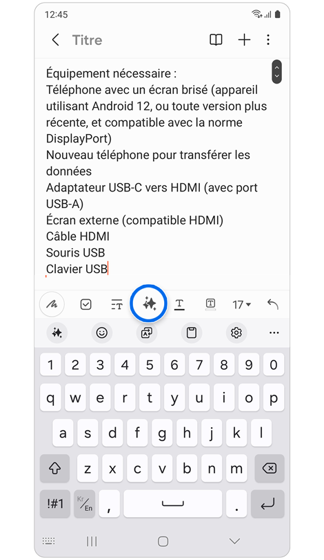 Une note créée dans l'application Samsung Notes