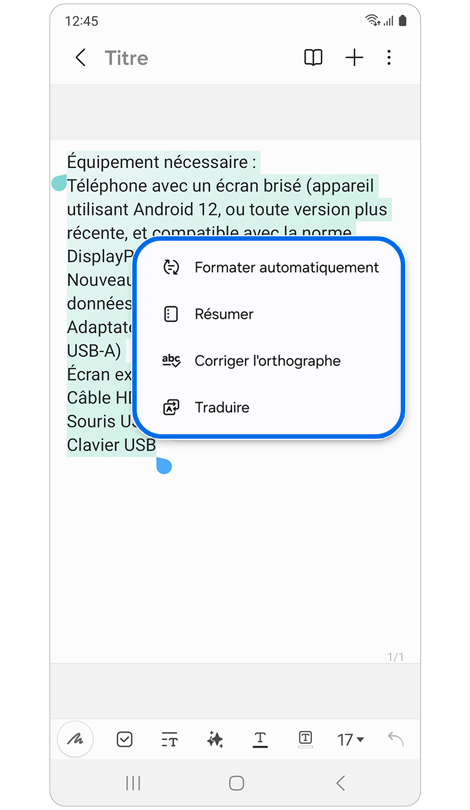 Fenêtre contextuelle avec liste des fonctions disponibles avec l'Assistant de note