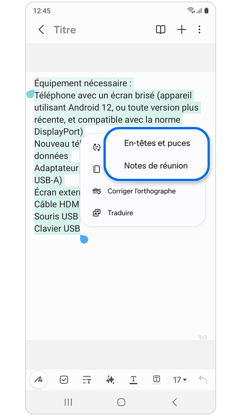 Fenêtre contextuelle avec les options de formatage automatique