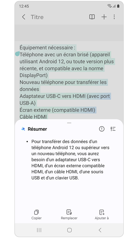 Une fenêtre contextuelle affiche un résumé de la note