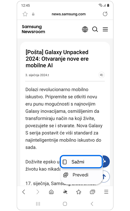 Članak sa Samsung vijestima s opcijama Pomoć pri pretraživanju.