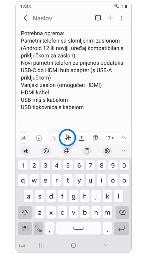 Upisana bilješka u aplikaciji Samsung Notes