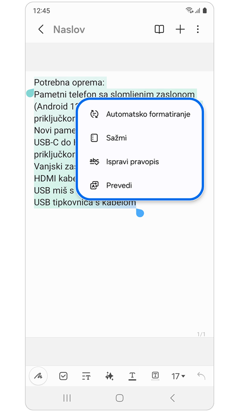 Iskačući prozor s popisom funkcija za Pomoć za bilješku