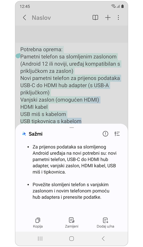 Iskačući prozor sa sažetkom bilješke