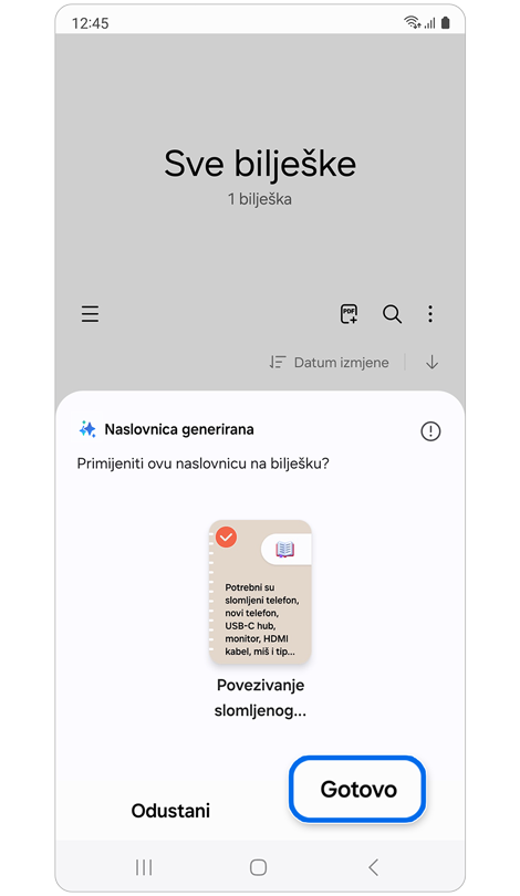 Iskačući prozor koji traži primjenu preporučene naslovnice.