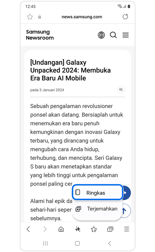 Artikel Berita Samsung dengan opsi Bantuan penelusuran.