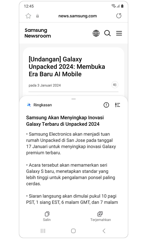Ringkasan berbulet dari artikel berita Samsung