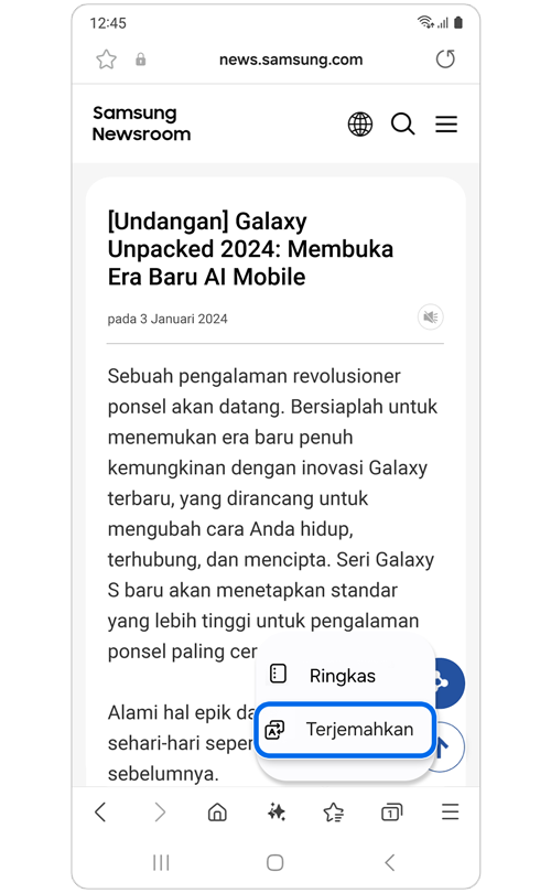Jendela popup dengan opsi untuk Ringkas atau Terjemahkan artikel online