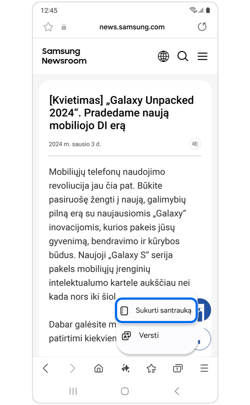 „Samsung“ naujienų straipsnis su naršymo pagalbos parinktimis.