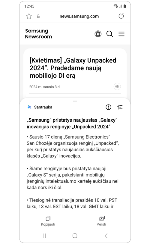 „Samsung“ naujienų straipsnio santrauka, išdėstyta punktais
