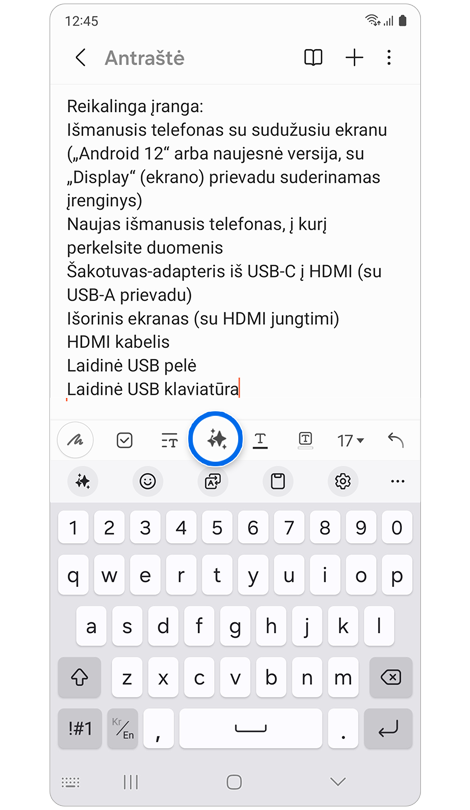 Klaviatūra įrašyta pastaba programoje „Samsung Notes“