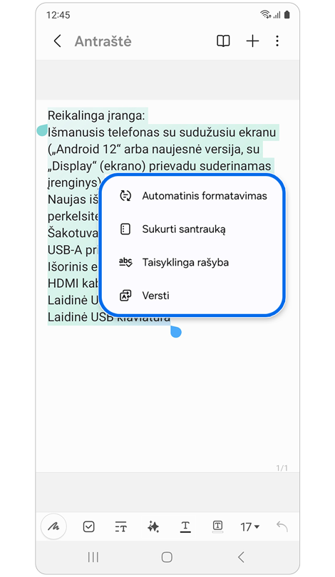 Iškylantysis langas su pastabų pagalbos funkcijų sąrašu