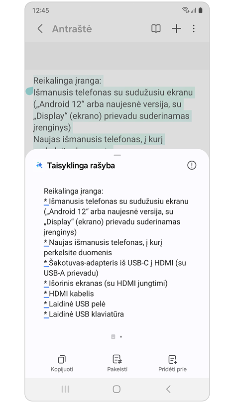 Iškylantysis langas, kuriame nurodyti atlikti pataisymai