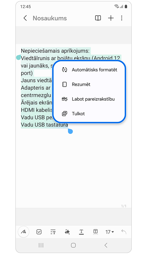 Uznirstošais logs ar Piezīmju palīga funkciju sarakstu