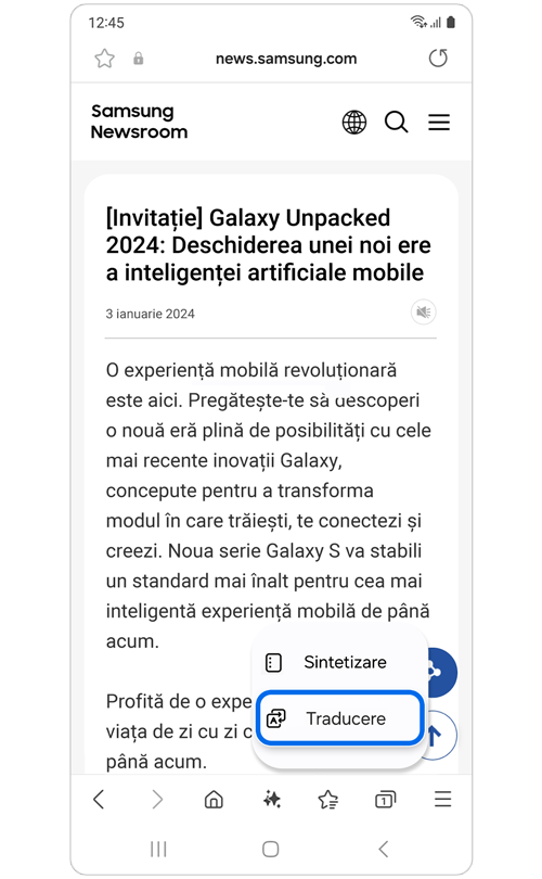 Fereastră pop-up cu opțiunea Sintetizare sau Traducere pentru un articol online