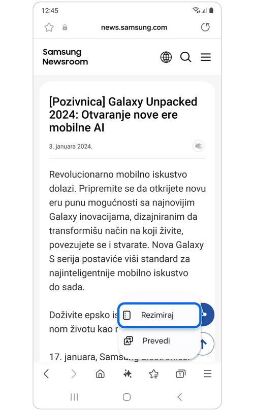 Samsung članak sa vestima sa opcijama Pomoć pri pregledanju.