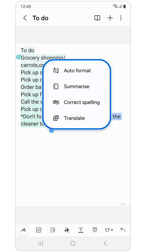 Popup window with list of Note assist functions