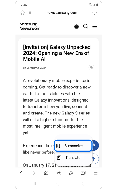 Samsung News article with Browsing assist options.