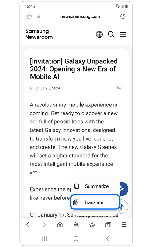 Popup window with the option to Summarize or Translate an online article
