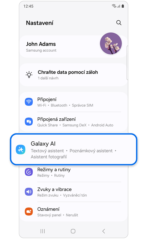 Domovská obrazovka nastavení