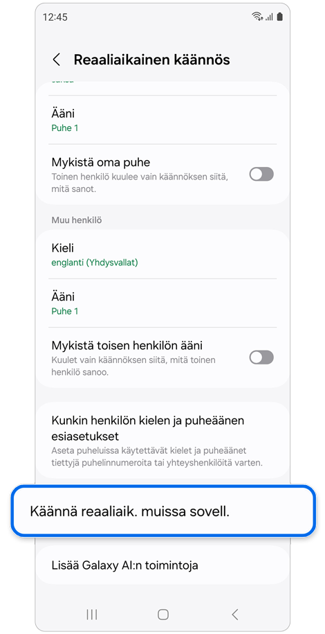 Reaaliaikainen käännös -asetusten näyttöruutu