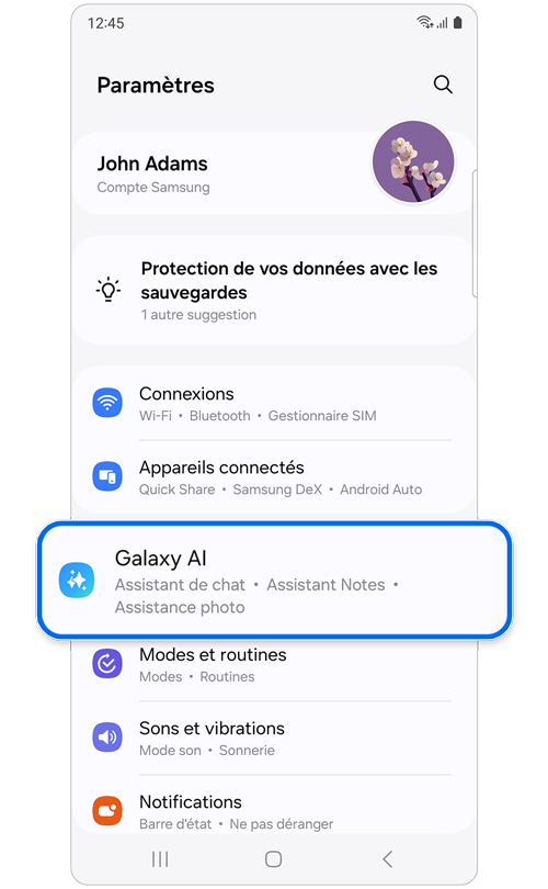 Écran d'accueil du menu des paramètres sur un Samsung Galaxy