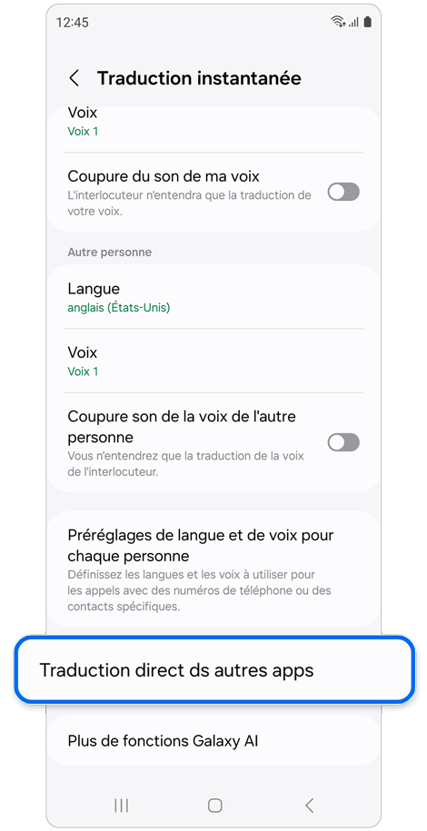 Écran du menu Assistant d’appel sur un Samsung Galaxy