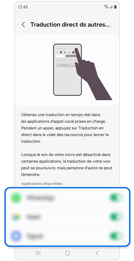 Écran des paramètres de la traduction en direct dans d'autres applications sur un Samsung Galaxy