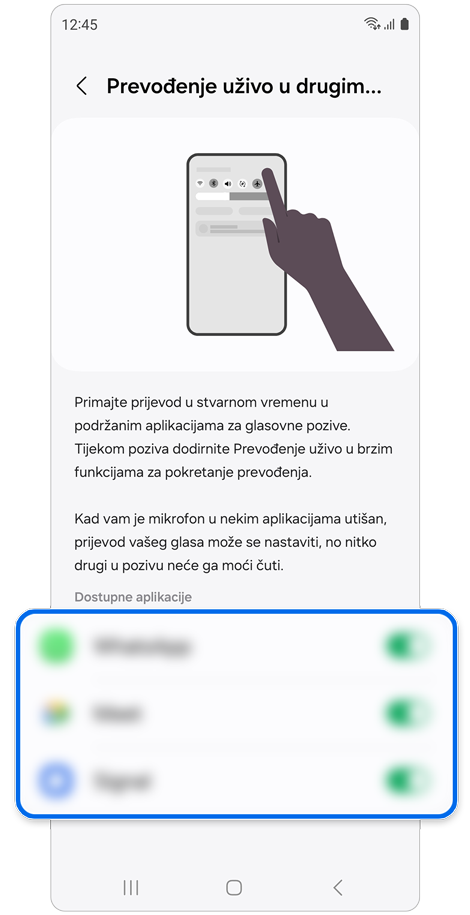 Zaslon postavki za Prijevod uživo u drugim aplikacijama