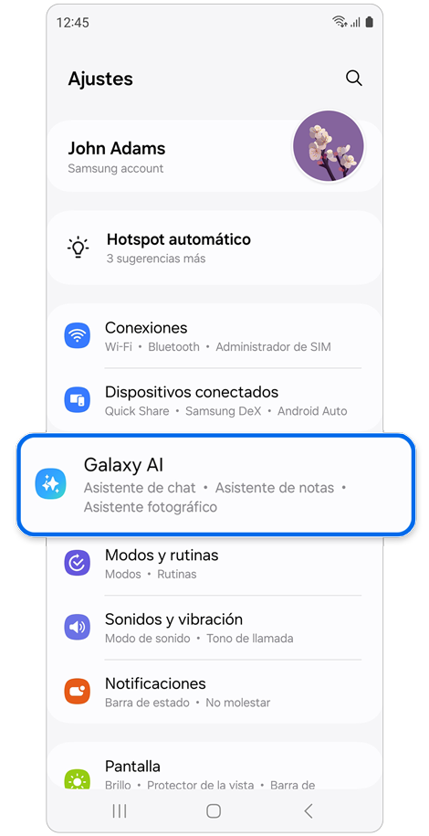 Pantalla de inicio de ajustes