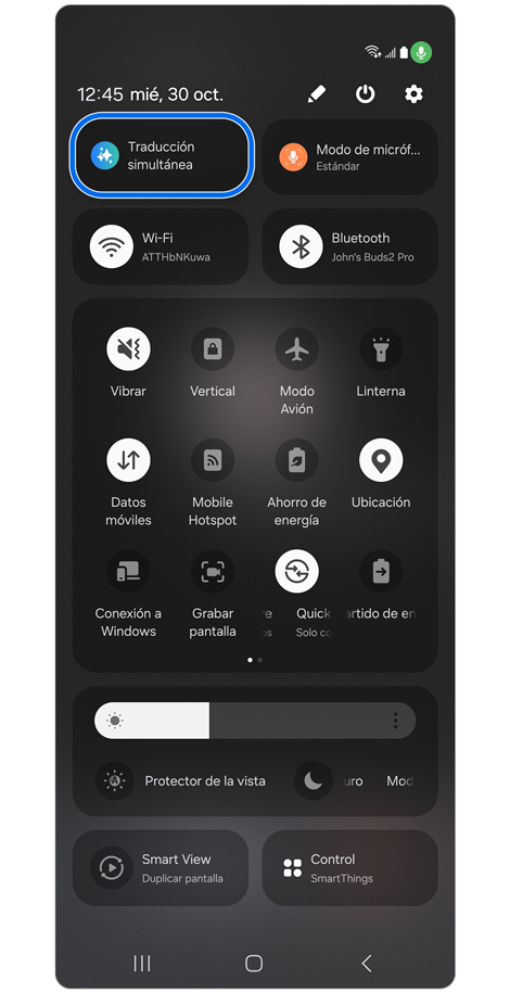 Panel de ajustes rápida