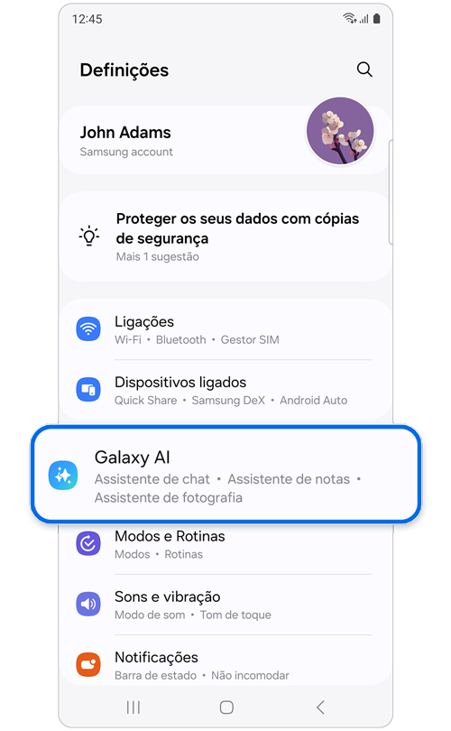 Tela inicial de configurações
