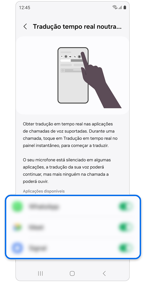 Tela de configurações de Tradução em Tempo Real noutras aplicações