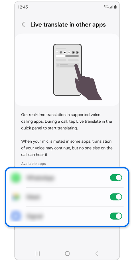 Live translate in other apps settings screen