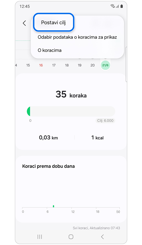 Zaslon prikazuje podatke o koracima.