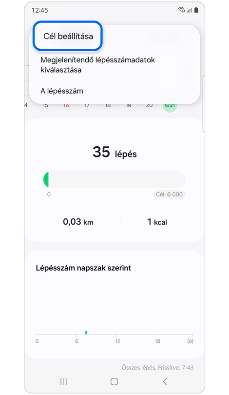 Képernyő, amely a lépésadatokat mutatja.