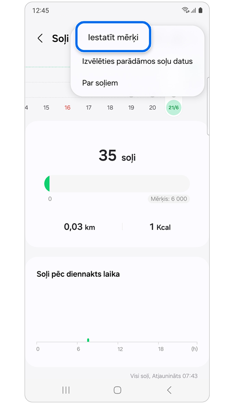 Ekrāns, kurā tiek rādīti soļu dati.
