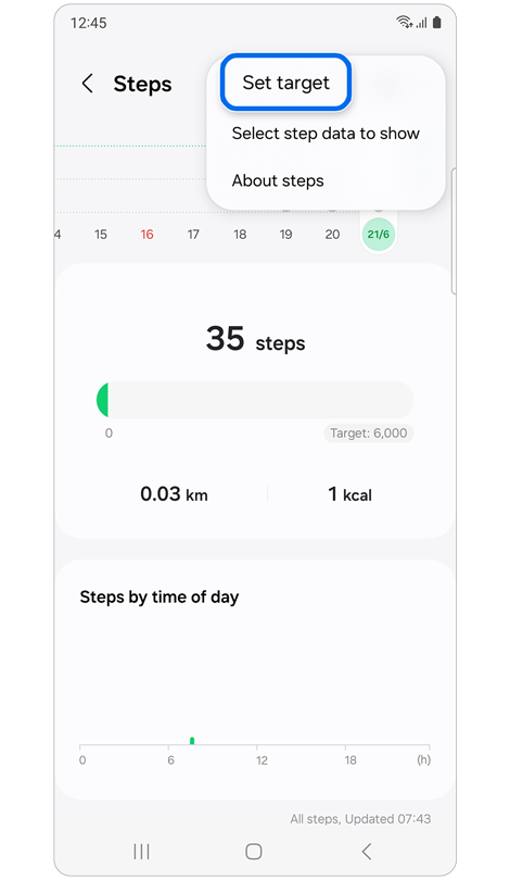 Screen showing steps data.