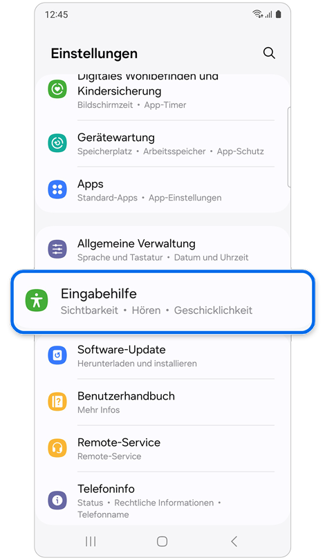 Startbildschirm von Einstellungen