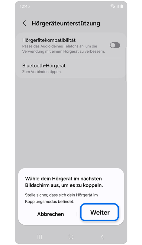 Popup-Fenster mit Anweisungen zum Koppeln des Hörgeräts